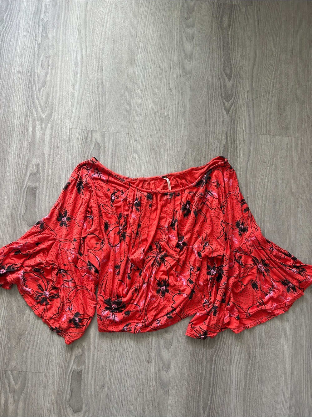 Free People Red Floral Off-Shoulder Bell Sleeve Top